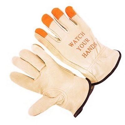 Drivers Pigskin Standard Grain Full Leather WATCH YOUR HANDS Logo & Orange Tips Large (6) Min.(1)