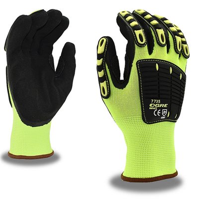OGRE IMPACT Lime HiVis Poly Shell Nitrile Sandy Grip TPR Fingers Large (72) Min.(1)