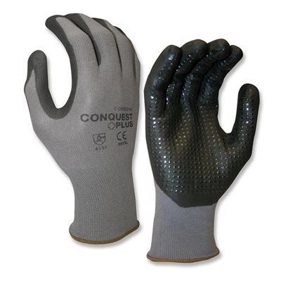 CONQUEST PLUS Coated Foam Nitrile w / Dots Black Grey Nylon / Spandex Glove Large (12) Min.(1)