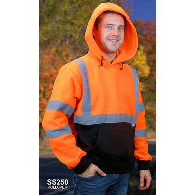Hoodie Jacket Pull Over Class III Orange & Blk Fleece Fabric Pouch Pkts Large (10) Min.(1)